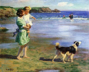 Mutter und Mädchen mit Hund am Meer Beach Edward Henry Potthast Ölgemälde